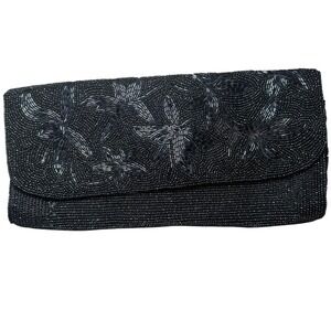 Vintage 50s/60s SchildKraut Japan Black Beaded Evening Clutch‎ Floral Bugle